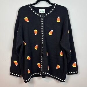 Quacker Factory Womens Black Candy Corn Embroidered Halloween Cardigan 1X Ugly
